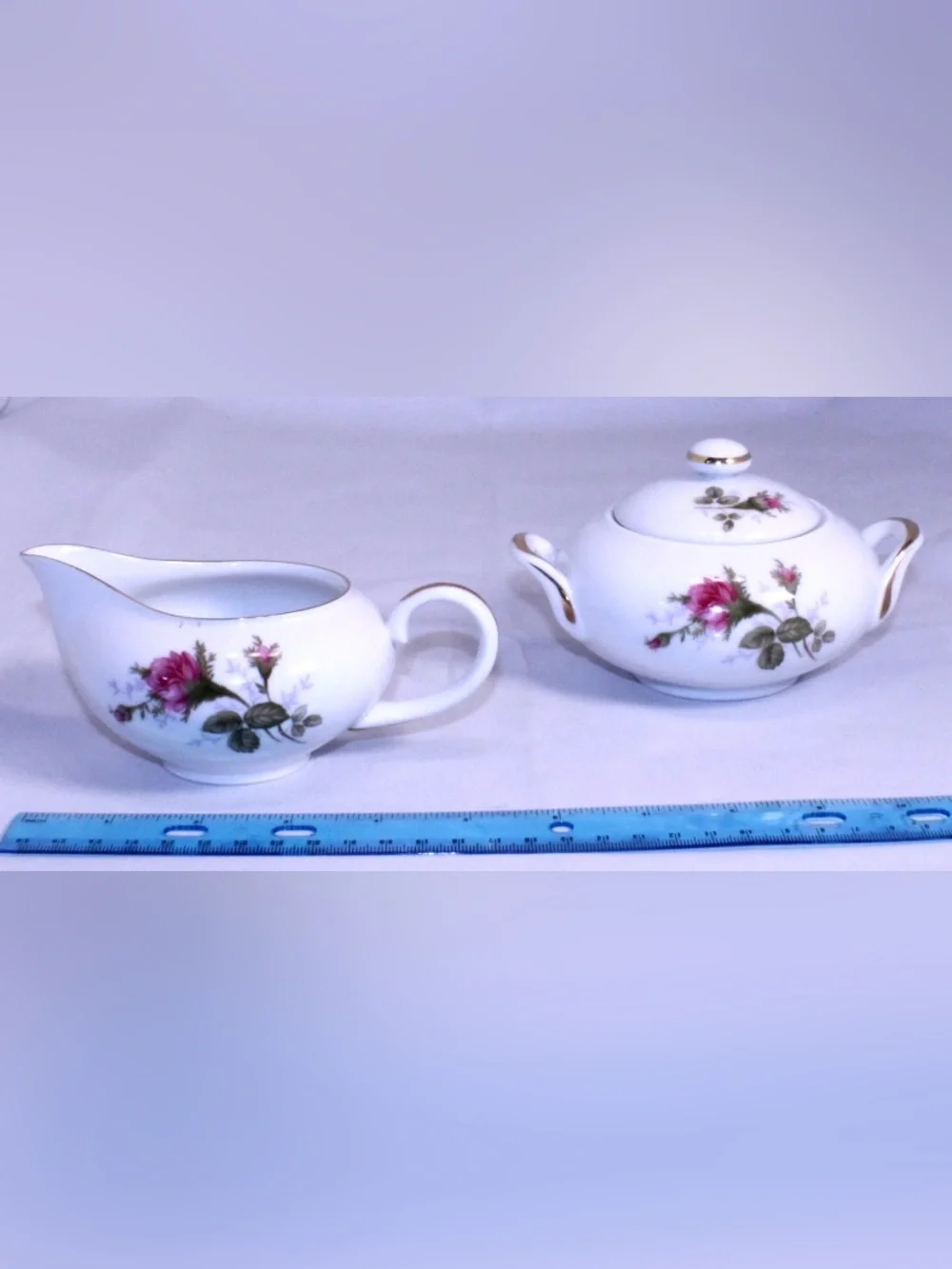 Vintage Sango Japan Moss Rose Porcelain Creamer and Lidded Sugar Set - Gold Trim